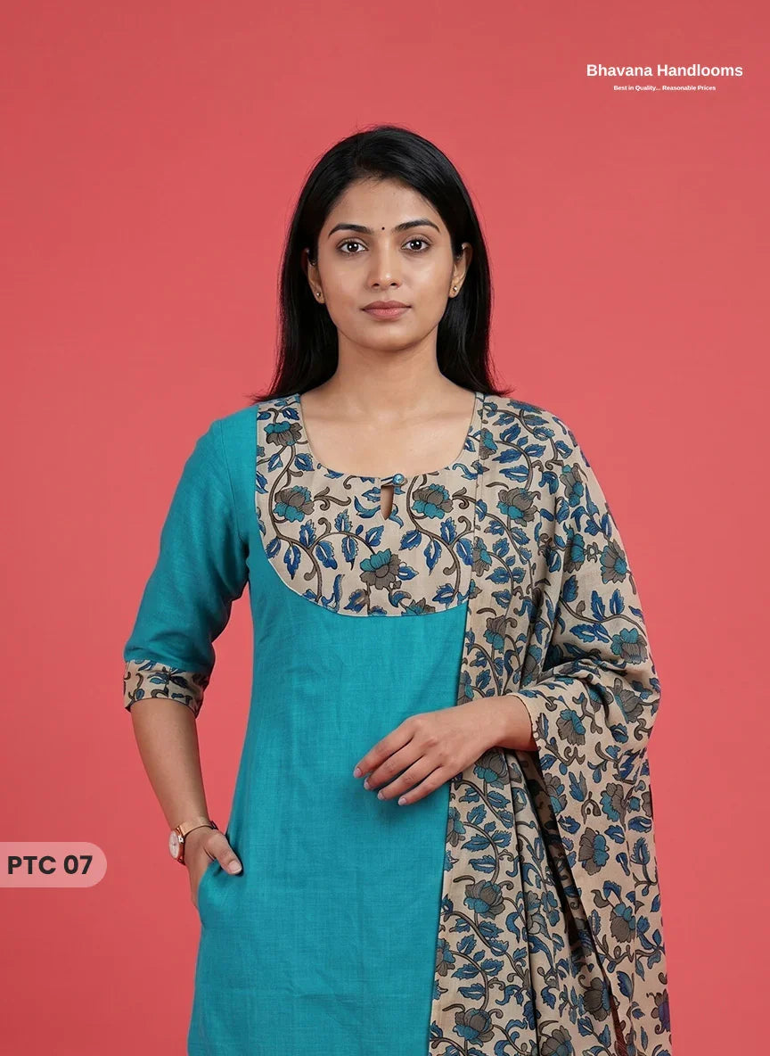 Premium Kalamkari Kurti Set with Dupatta & Elastic Waist Pocket Pant | Teal Blue Colour