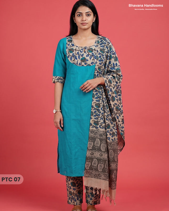 Premium Kalamkari Kurti Set with Dupatta & Elastic Waist Pocket Pant | Teal Blue Colour