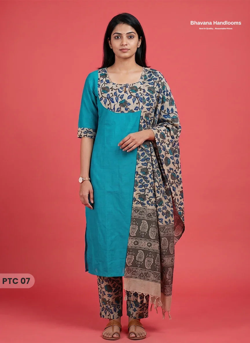 Premium Kalamkari Kurti Set with Dupatta & Elastic Waist Pocket Pant | Teal Blue Colour