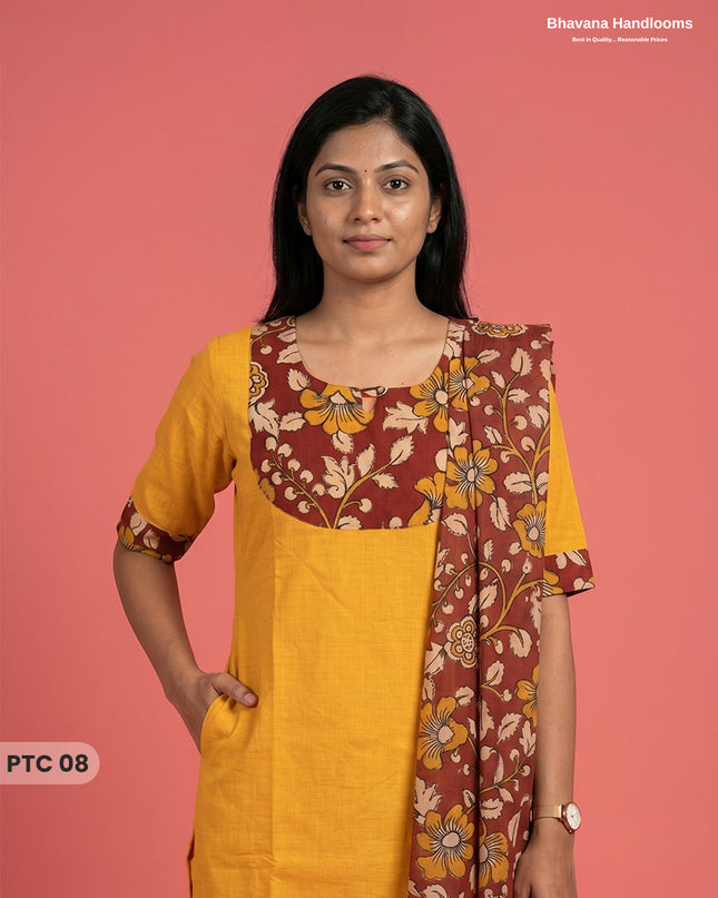 Premium Kalamkari Kurti Set with Dupatta & Elastic Waist Pocket Pant | Yellow Colour
