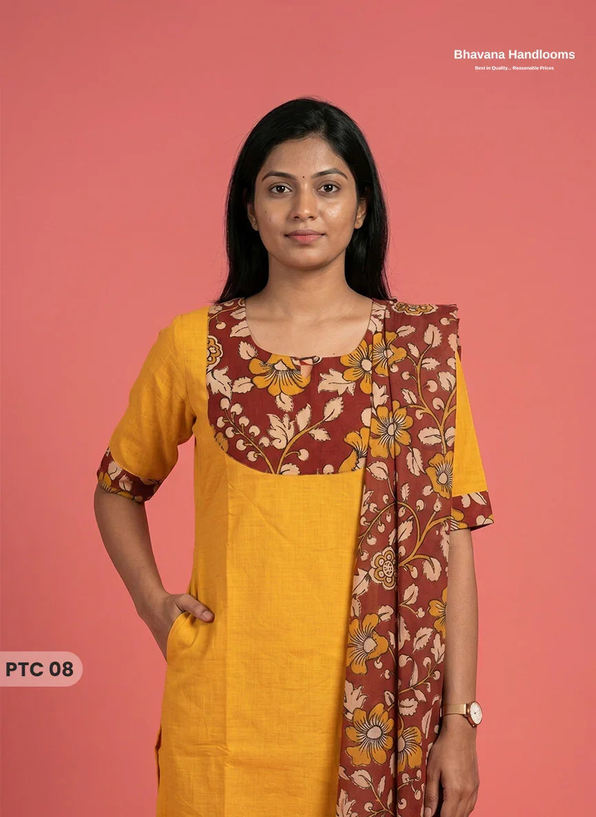 Premium Kalamkari Kurti Set with Dupatta & Elastic Waist Pocket Pant | Yellow Colour