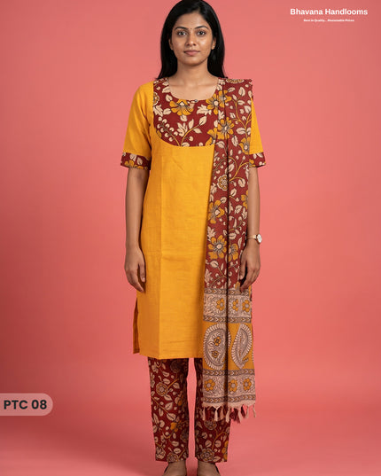 Premium Kalamkari Kurti Set with Dupatta & Elastic Waist Pocket Pant | Yellow Colour