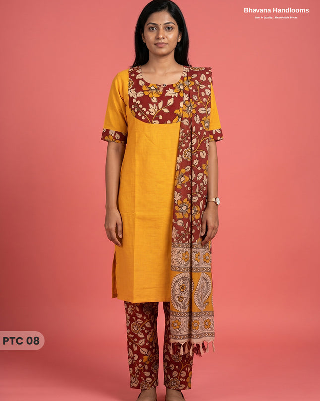 Premium Kalamkari Kurti Set with Dupatta & Elastic Waist Pocket Pant | Yellow Colour