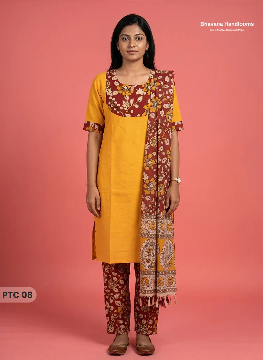 Premium Kalamkari Kurti Set with Dupatta & Elastic Waist Pocket Pant | Yellow Colour