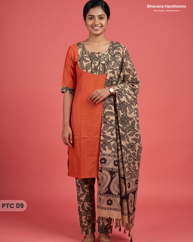 Premium Kalamkari Kurti Set with Dupatta & Elastic Waist Pocket Pant | Rust Orange Colour