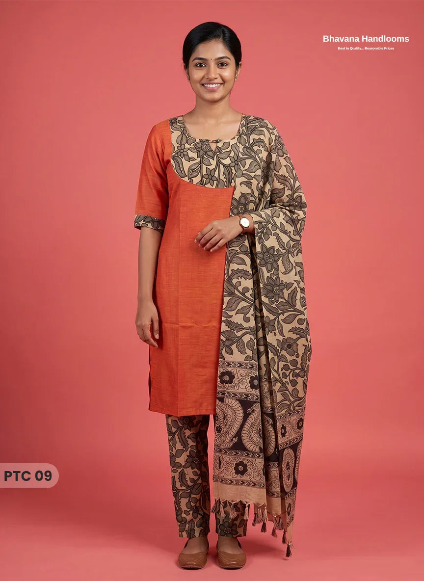 Premium Kalamkari Kurti Set with Dupatta & Elastic Waist Pocket Pant | Rust Orange Colour