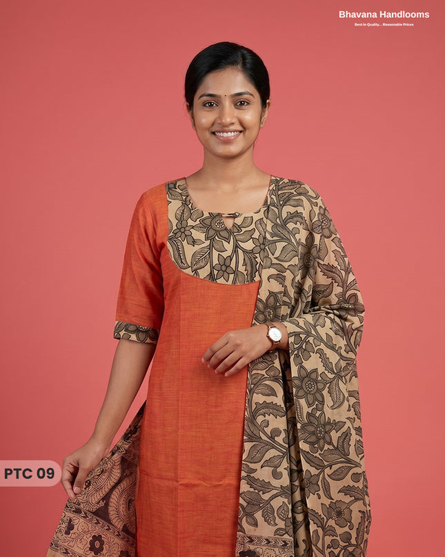 Premium Kalamkari Kurti Set with Dupatta & Elastic Waist Pocket Pant | Rust Orange Colour