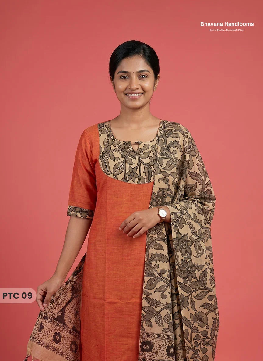 Premium Kalamkari Kurti Set with Dupatta & Elastic Waist Pocket Pant | Rust Orange Colour