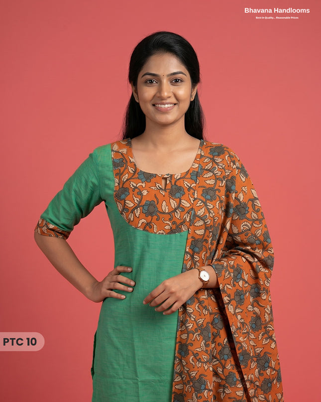 Premium Kalamkari Kurti Set with Dupatta & Elastic Waist Pocket Pant | Sea Green Colour