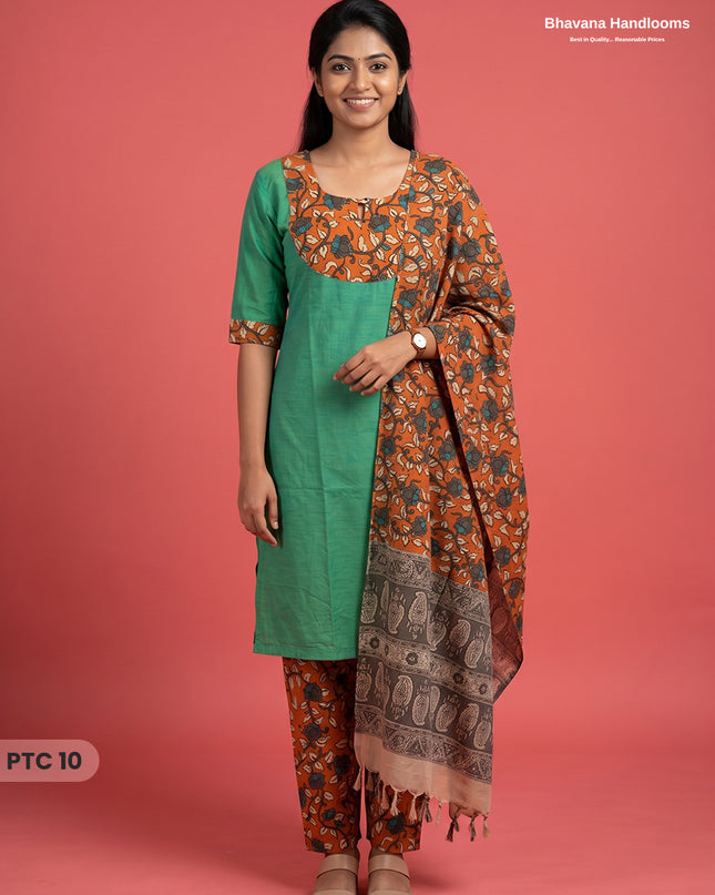 Premium Kalamkari Kurti Set with Dupatta & Elastic Waist Pocket Pant | Sea Green Colour