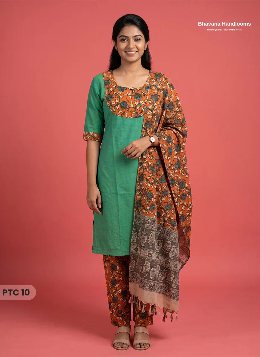 Premium Kalamkari Kurti Set with Dupatta & Elastic Waist Pocket Pant | Sea Green Colour