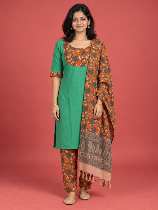 Premium Kalamkari Kurti Set with Dupatta & Elastic Waist Pocket Pant | Sea Green Colour