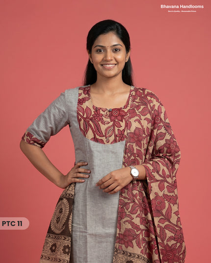 Premium Kalamkari Kurti Set with Dupatta & Elastic Waist Pocket Pant | Light Grey Colour