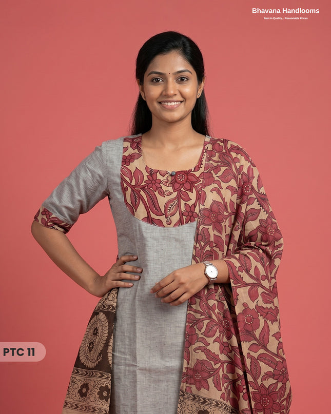 Premium Kalamkari Kurti Set with Dupatta & Elastic Waist Pocket Pant | Light Grey Colour