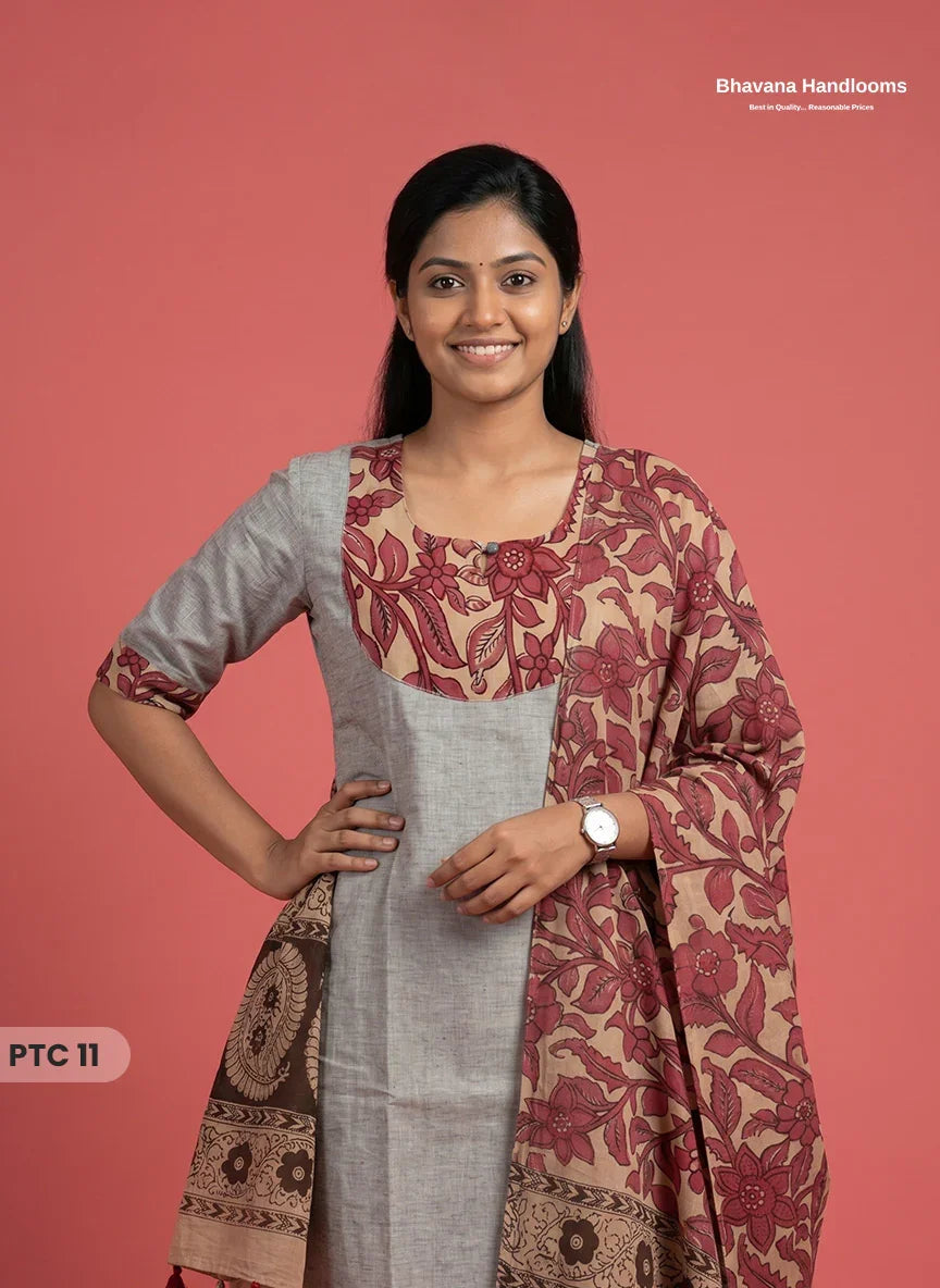 Premium Kalamkari Kurti Set with Dupatta & Elastic Waist Pocket Pant | Light Grey Colour