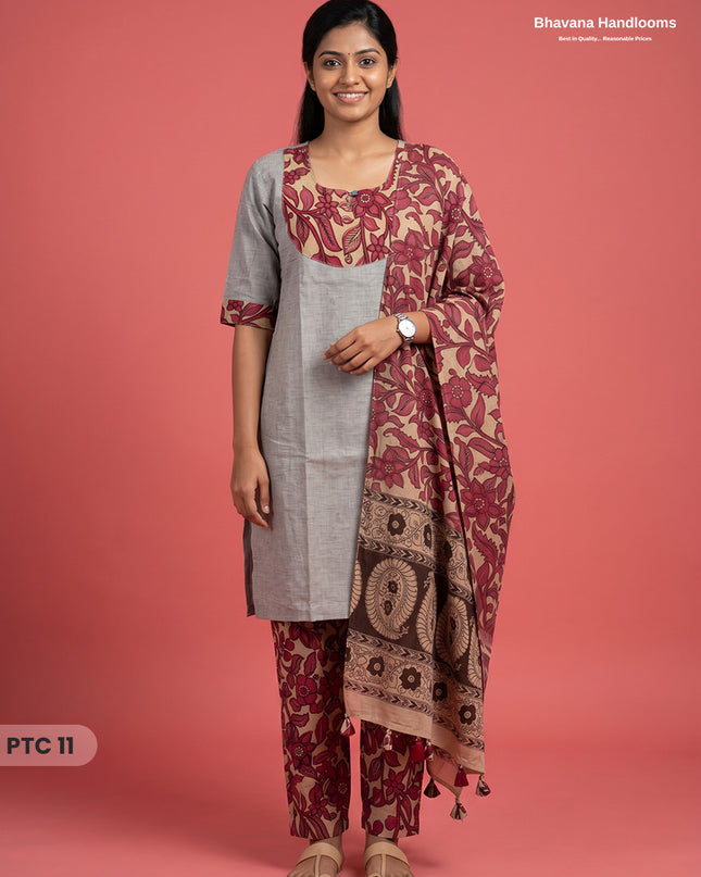 Premium Kalamkari Kurti Set with Dupatta & Elastic Waist Pocket Pant | Light Grey Colour