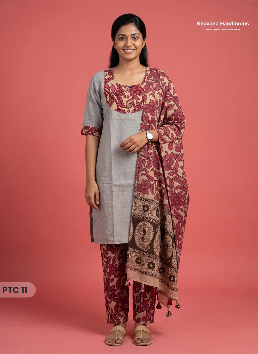 Premium Kalamkari Kurti Set with Dupatta & Elastic Waist Pocket Pant | Light Grey Colour