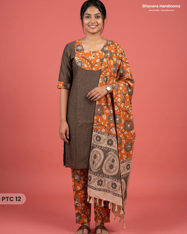 Premium Kalamkari Kurti Set with Dupatta & Elastic Waist Pocket Pant | Dark Brown Colour