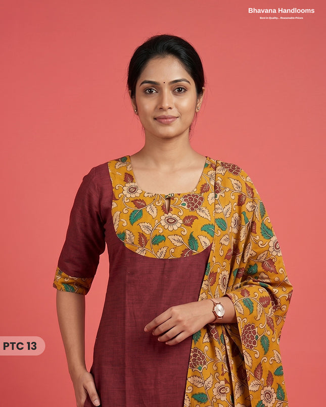 Premium Kalamkari Kurti Set with Dupatta & Elastic Waist Pocket Pant | Maroon Colour