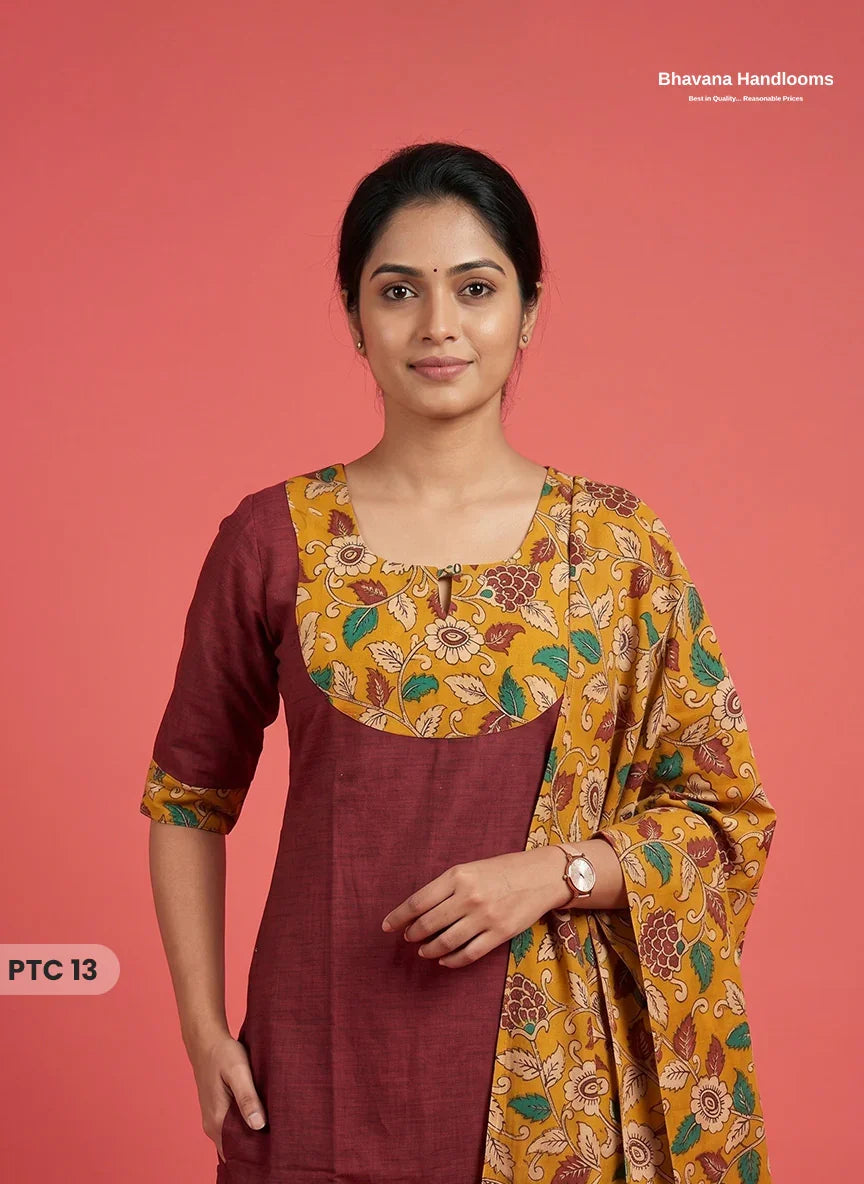 Premium Kalamkari Kurti Set with Dupatta & Elastic Waist Pocket Pant | Maroon Colour