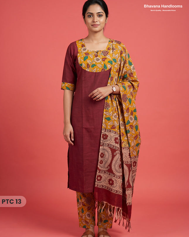 Premium Kalamkari Kurti Set with Dupatta & Elastic Waist Pocket Pant | Maroon Colour