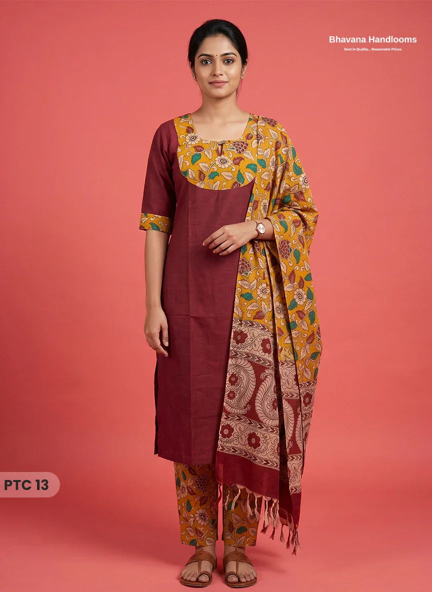 Premium Kalamkari Kurti Set with Dupatta & Elastic Waist Pocket Pant | Maroon Colour