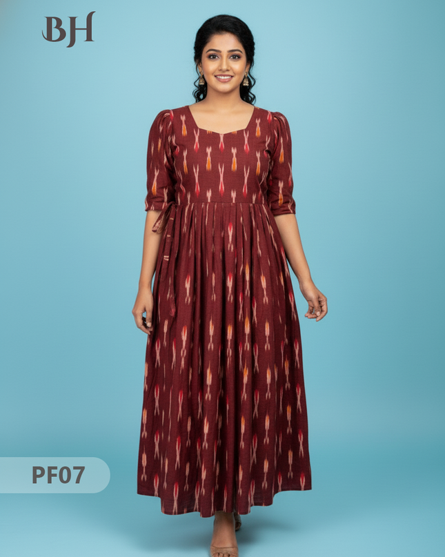 Handcrafted Pochampally Ikkat Maroon Cotton Frock with Knot Detailing – Ethnic Wear for Women