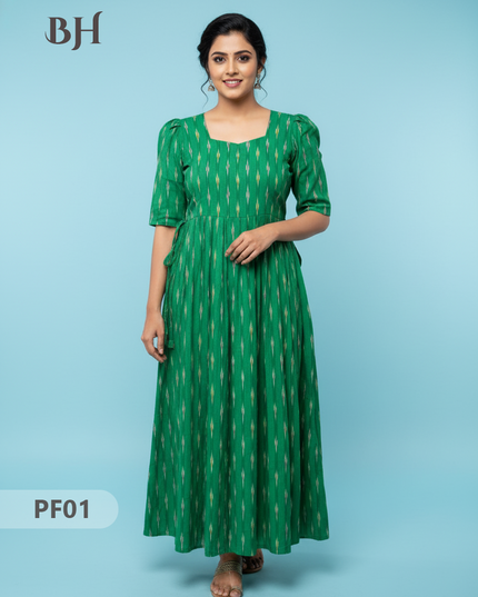 Handcrafted Pochampally Green Cotton Frock with Knot Detailing – Ethnic Wear for Women