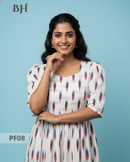 Handcrafted Pochampally Half White Cotton Frock with Knot Detailing – Ethnic Wear for Women