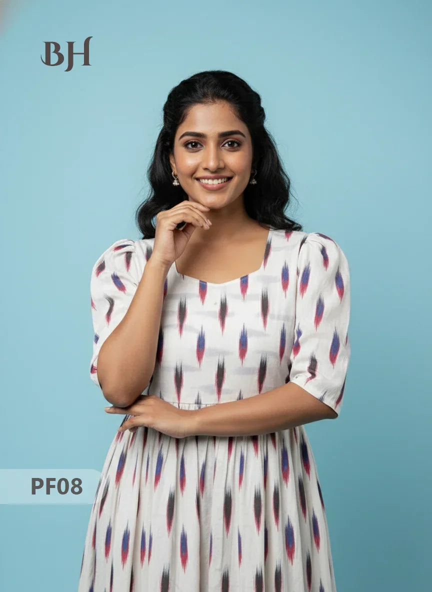 Handcrafted Pochampally Half White Cotton Frock with Knot Detailing – Ethnic Wear for Women
