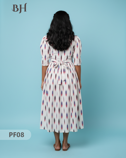 Handcrafted Pochampally Half White Cotton Frock with Knot Detailing – Ethnic Wear for Women