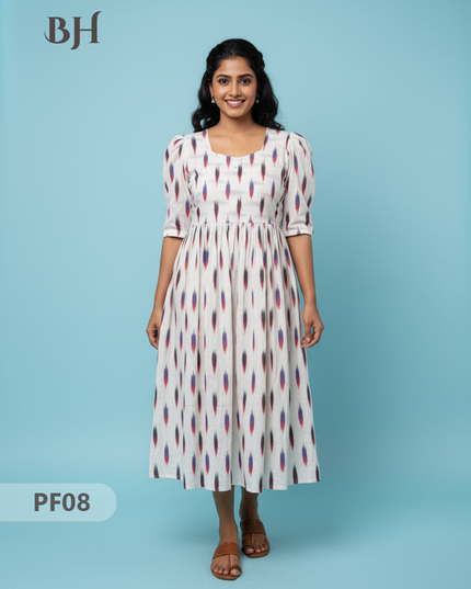 Handcrafted Pochampally Half White Cotton Frock with Knot Detailing – Ethnic Wear for Women