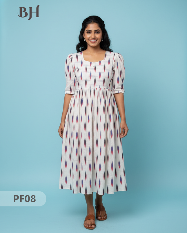 Handcrafted Pochampally Half White Cotton Frock with Knot Detailing – Ethnic Wear for Women