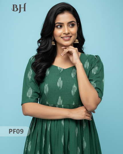 Handcrafted Pochampally Dark Green Cotton Frock with Knot Detailing – Ethnic Wear for Women