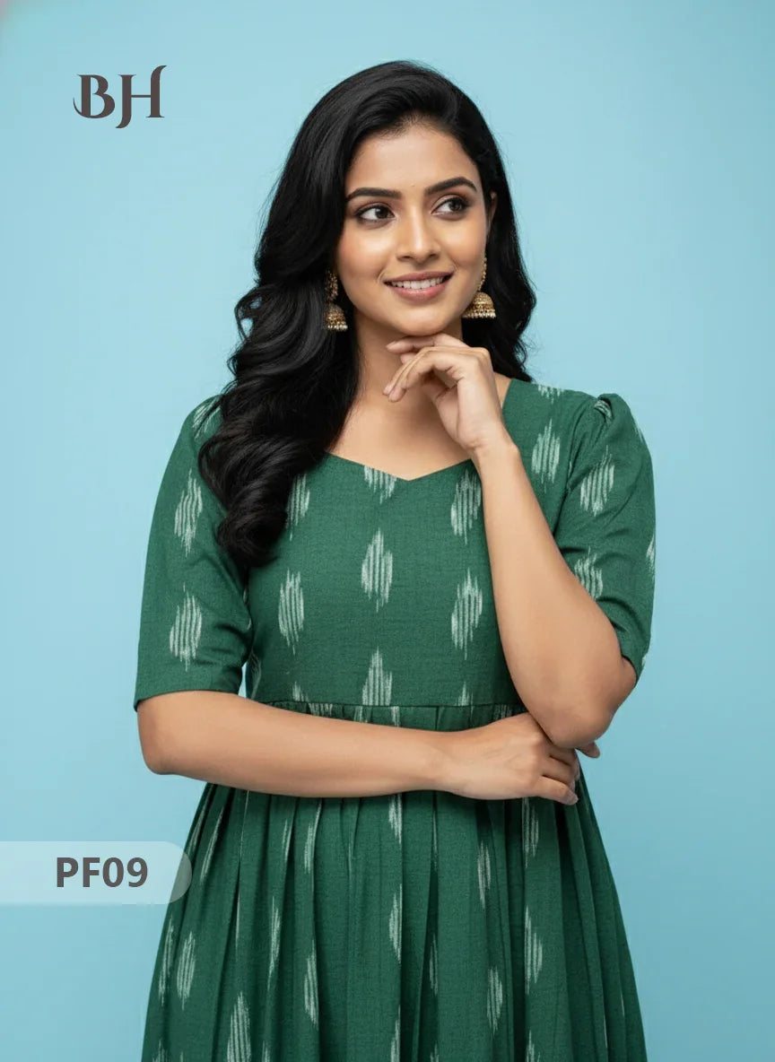 Handcrafted Pochampally Dark Green Cotton Frock with Knot Detailing – Ethnic Wear for Women