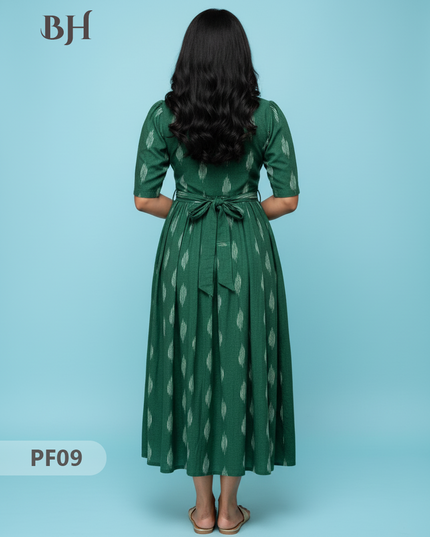 Handcrafted Pochampally Dark Green Cotton Frock with Knot Detailing – Ethnic Wear for Women