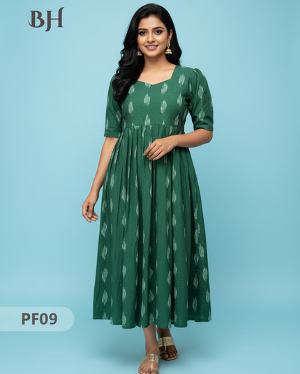 Handcrafted Pochampally Dark Green Cotton Frock with Knot Detailing – Ethnic Wear for Women