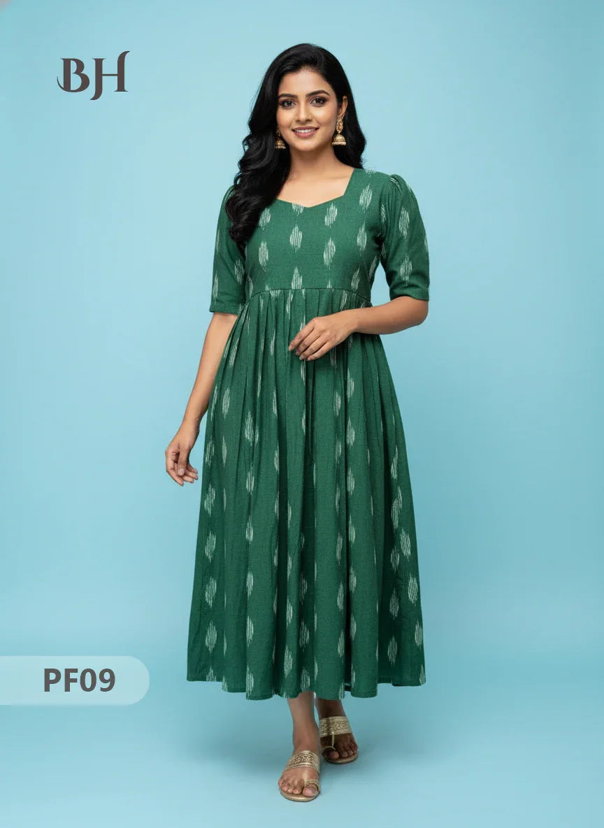Handcrafted Pochampally Dark Green Cotton Frock with Knot Detailing – Ethnic Wear for Women