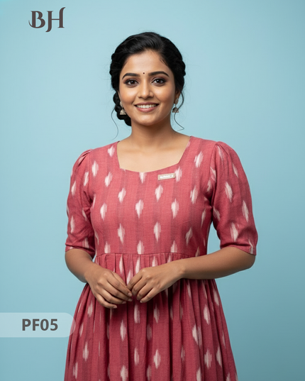 Handcrafted Pochampally Onion Pink Cotton Frock with Knot Detailing – Ethnic Wear for Women