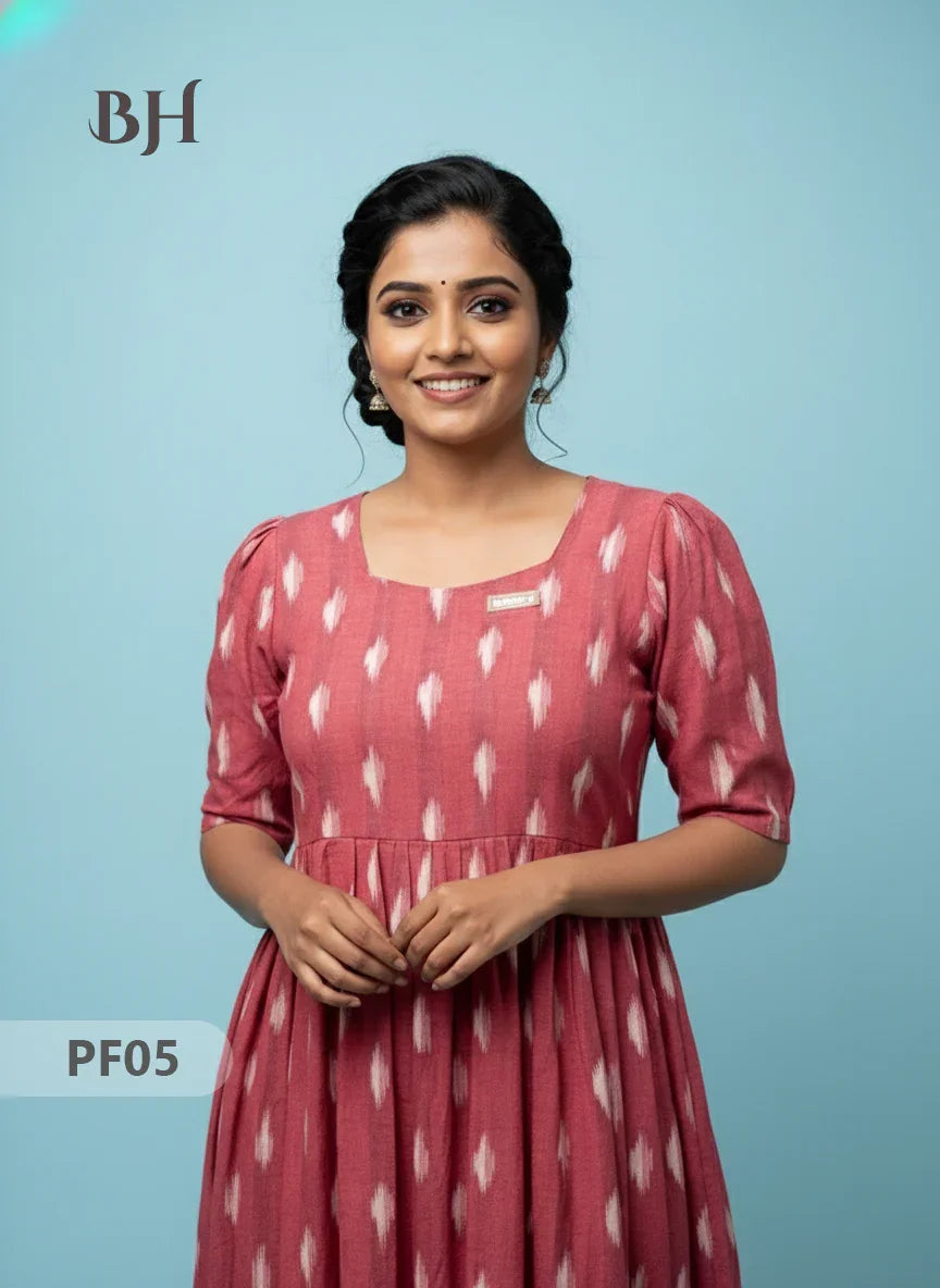 Handcrafted Pochampally Onion Pink Cotton Frock with Knot Detailing – Ethnic Wear for Women