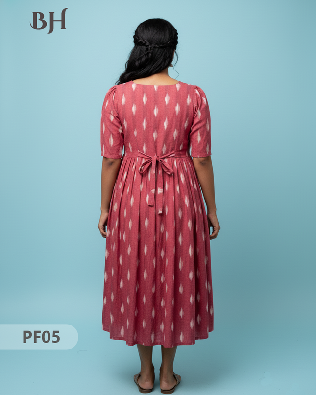 Handcrafted Pochampally Onion Pink Cotton Frock with Knot Detailing – Ethnic Wear for Women