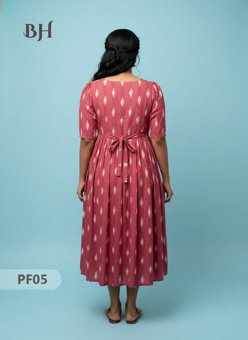 Handcrafted Pochampally Onion Pink Cotton Frock with Knot Detailing – Ethnic Wear for Women