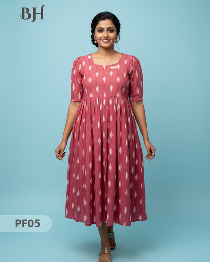 Handcrafted Pochampally Onion Pink Cotton Frock with Knot Detailing – Ethnic Wear for Women