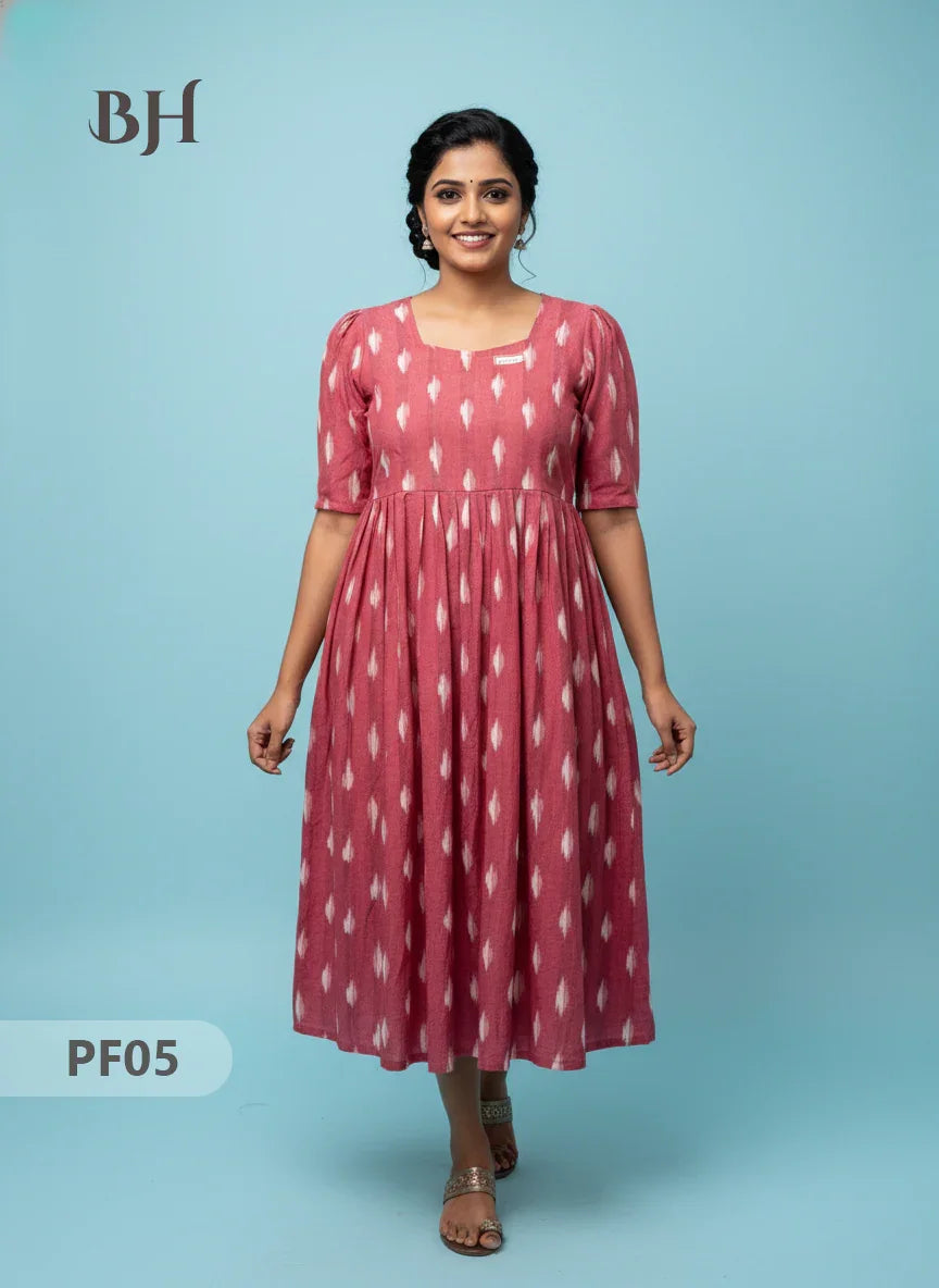 Handcrafted Pochampally Onion Pink Cotton Frock with Knot Detailing – Ethnic Wear for Women