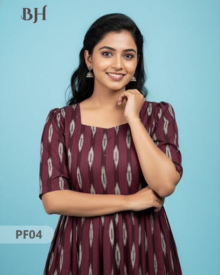 Handcrafted Pochampally Chocolate Colour Cotton Frock with Knot Detailing – Ethnic Wear for Women