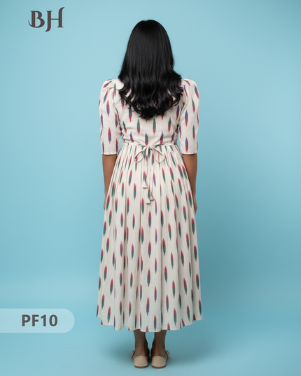 Handcrafted Pochampally Half White Cotton Frock with Knot Detailing – Ethnic Wear for Women