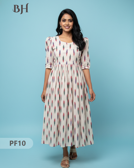 Handcrafted Pochampally Half White Cotton Frock with Knot Detailing – Ethnic Wear for Women