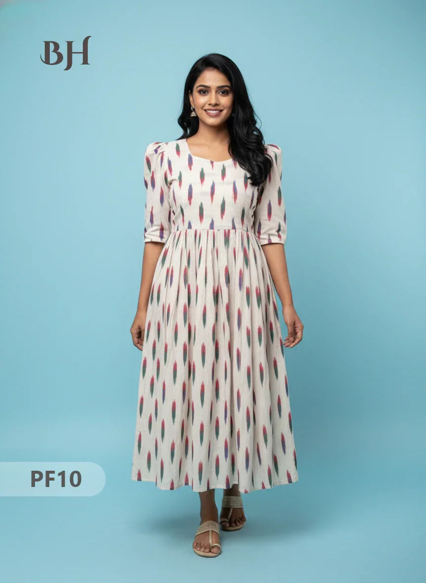 Handcrafted Pochampally Half White Cotton Frock with Knot Detailing – Ethnic Wear for Women