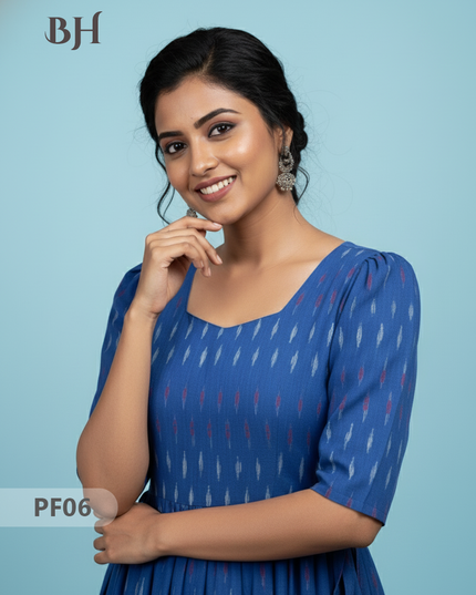 Handcrafted Pochampally Blue Cotton Frock with Knot Detailing – Ethnic Wear for Women