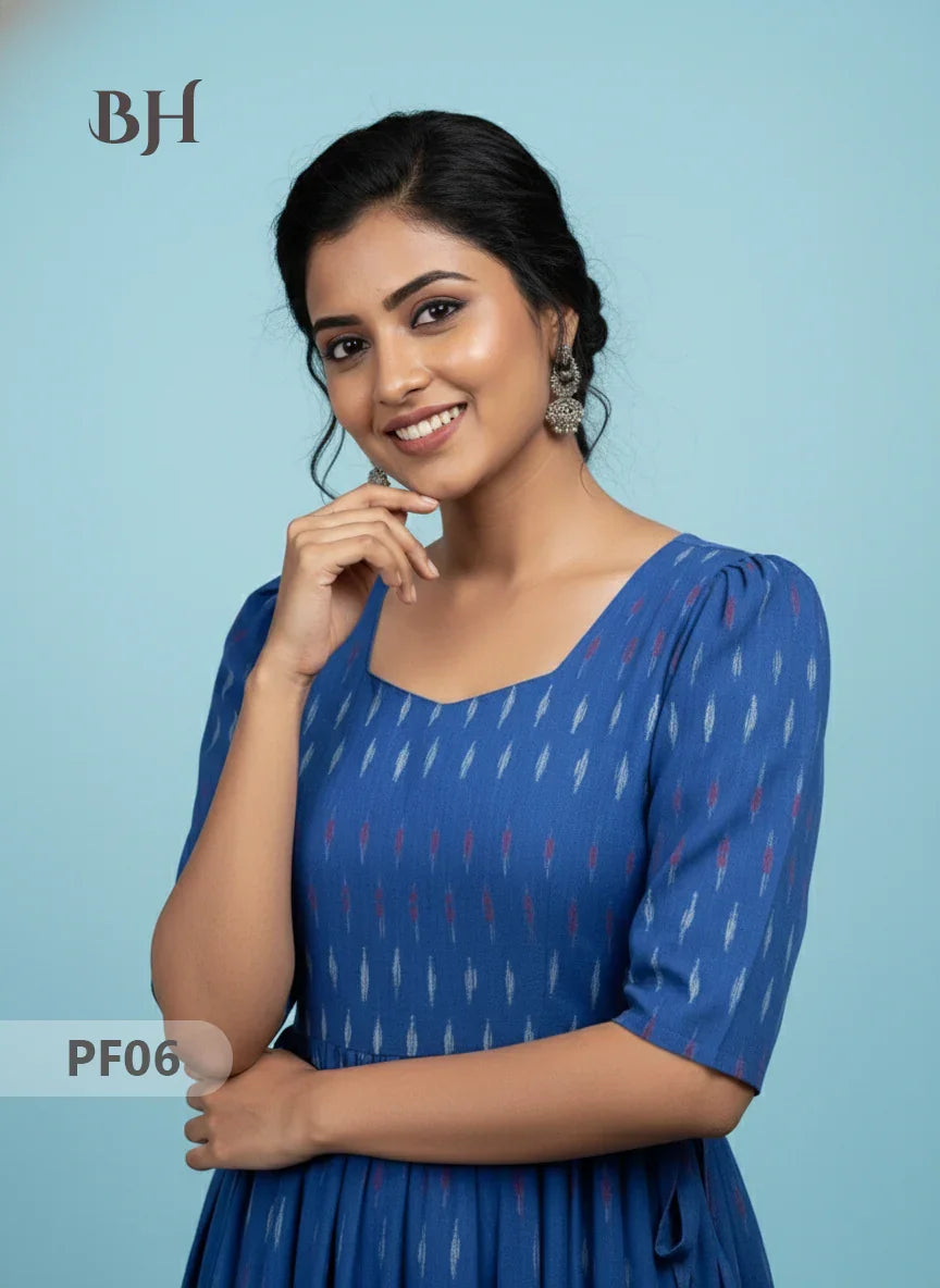 Handcrafted Pochampally Blue Cotton Frock with Knot Detailing – Ethnic Wear for Women